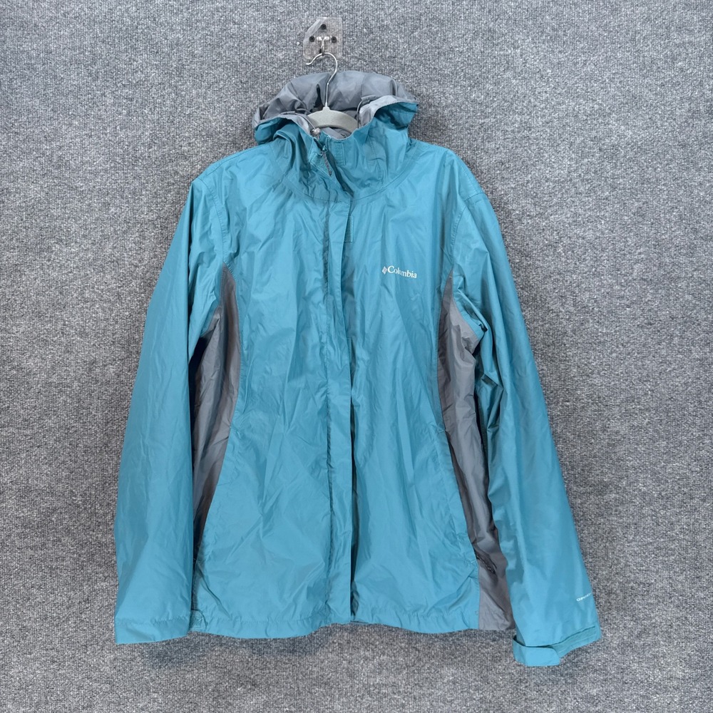 Columbia Rain Jacket Womens XL Blue Gray Mesh Lined Hooded Outdoor Windbreaker